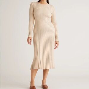 Quince Cotton Cashmere Ribbed Long Sleeve Crew Midi Dress - Medium
